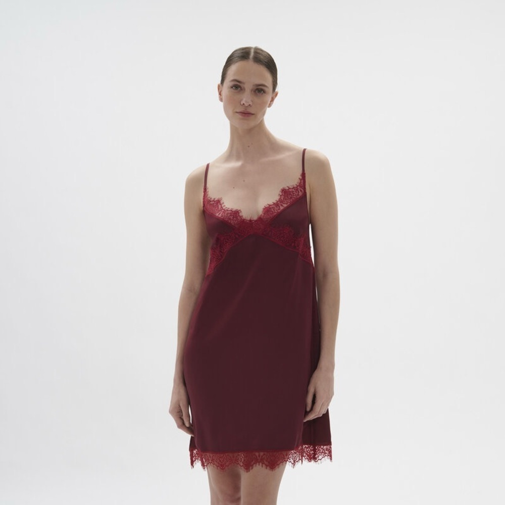 Simone Perele Lace Trim Satin Babydoll Slip Dress in Two Tone Red Small Paris
